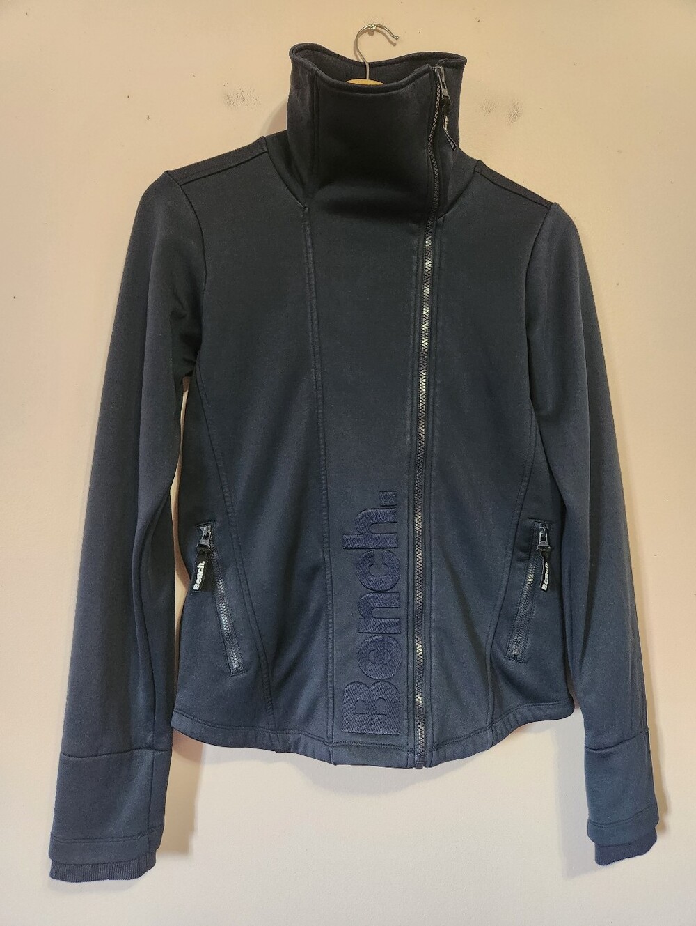 Bench Y2K Asymmetrical Zip Funnel Neck Fleece Lined Jacket Navy Size M EUC